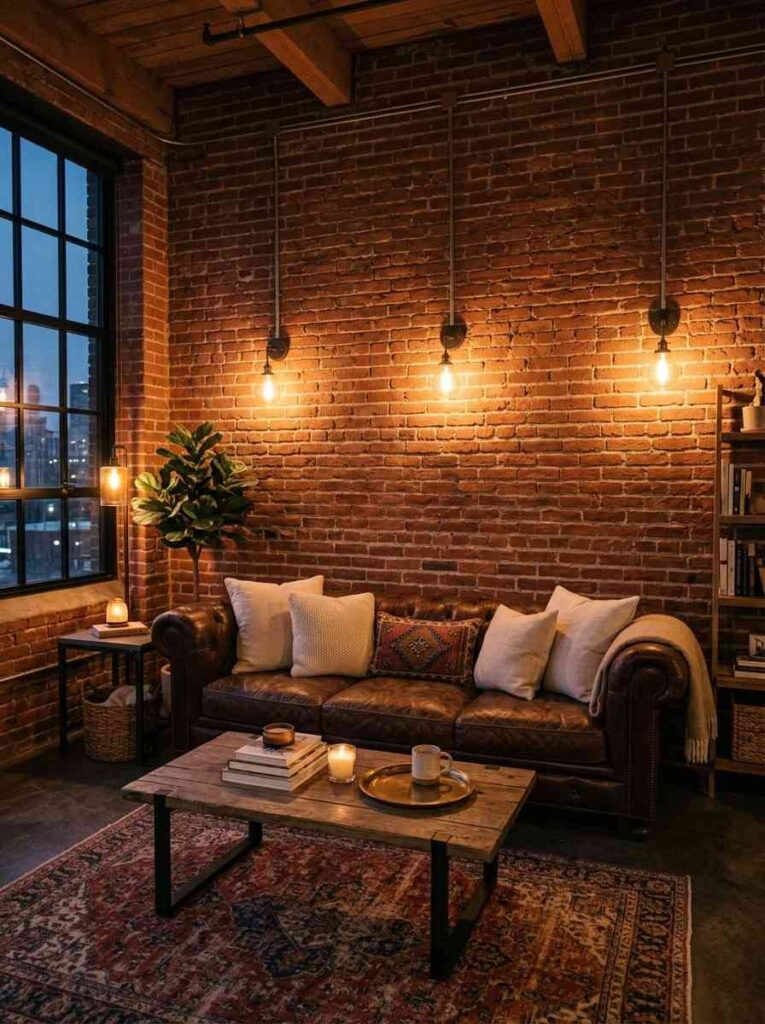 Exposed red brick wall with leather sofa and Edison sconces in a cozy living room