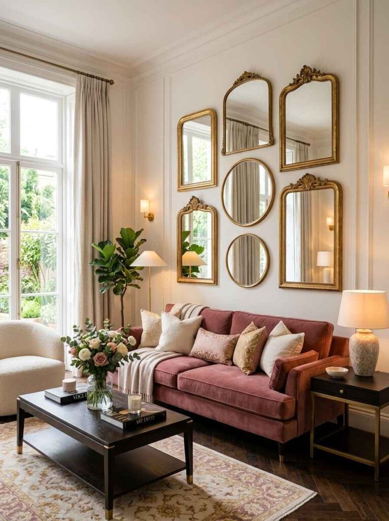 Mirror accent wall with gold framed decorative mirrors in a glamorous living room with dusty rose velvet sofa