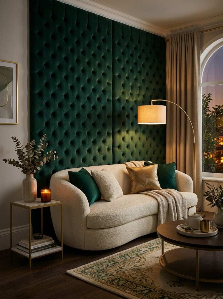 Emerald green velvet upholstered accent wall in a luxurious living room with cream bouclé sofa