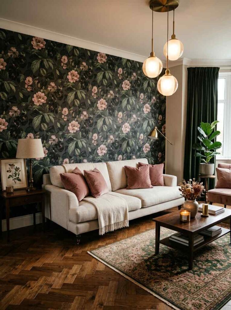 Dark floral wallpaper feature wall behind a cream sofa in an elegant living room