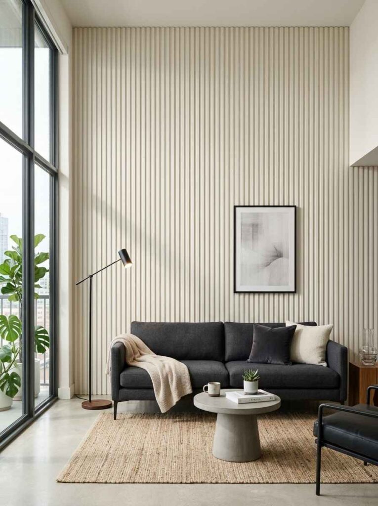 Fluted ribbed wood panel accent wall in a contemporary living room with charcoal sofa and minimalist decor
