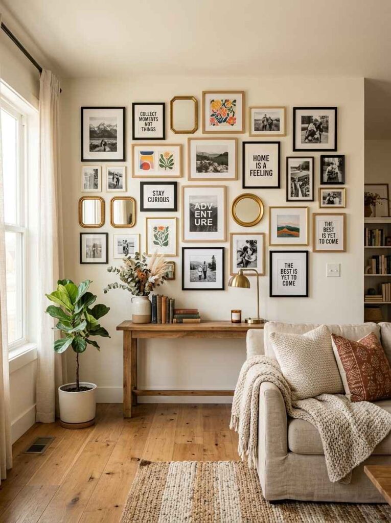 Gallery wall with mixed frames and art prints in a cozy living room