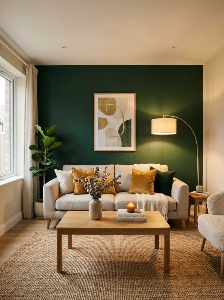 Deep green accent wall behind a beige sofa in a modern living room