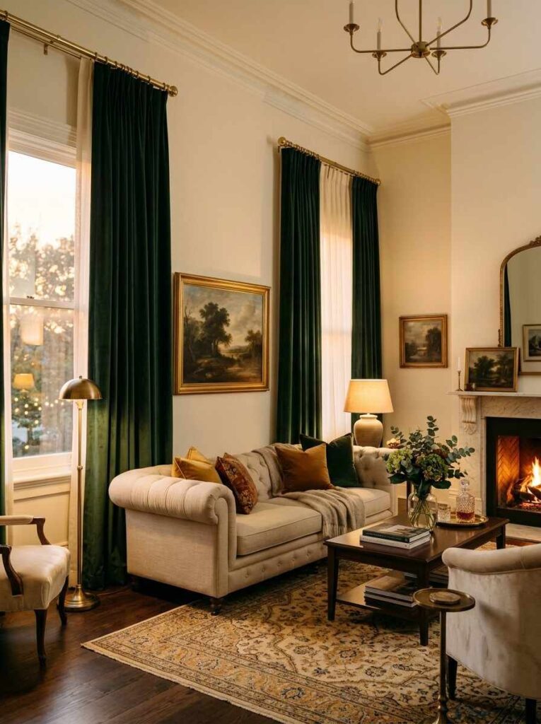 Hunter green velvet curtains with brass rods in elegant warm living room