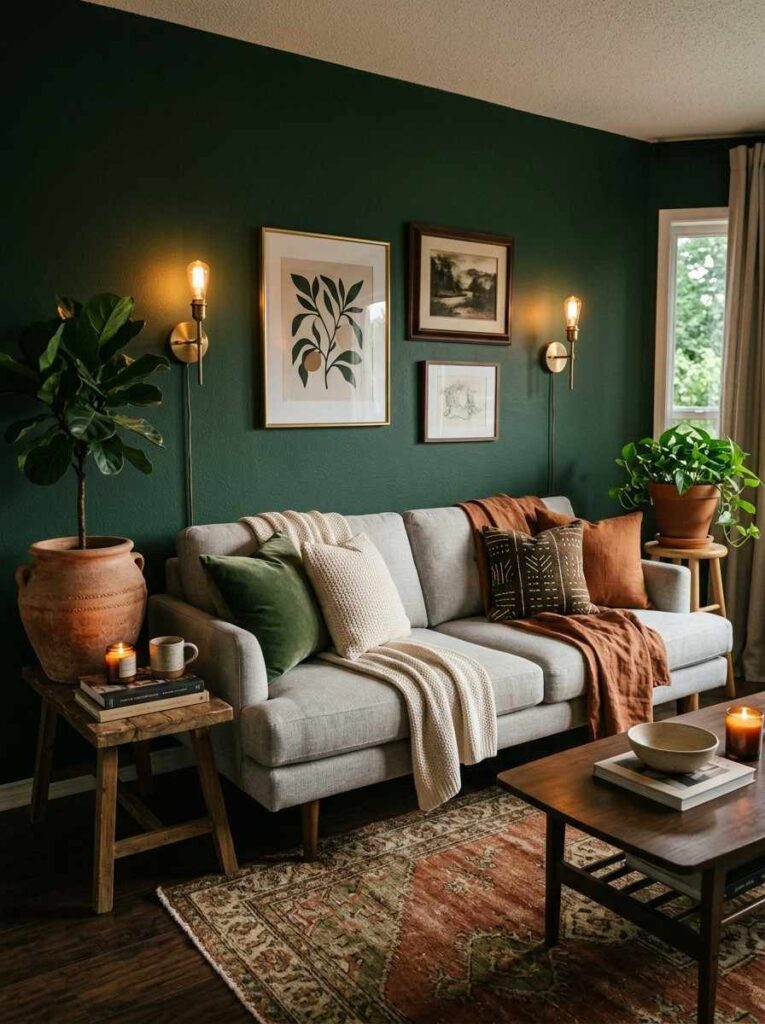 Forest green accent wall with brass lighting and terracotta decor in cozy living room
