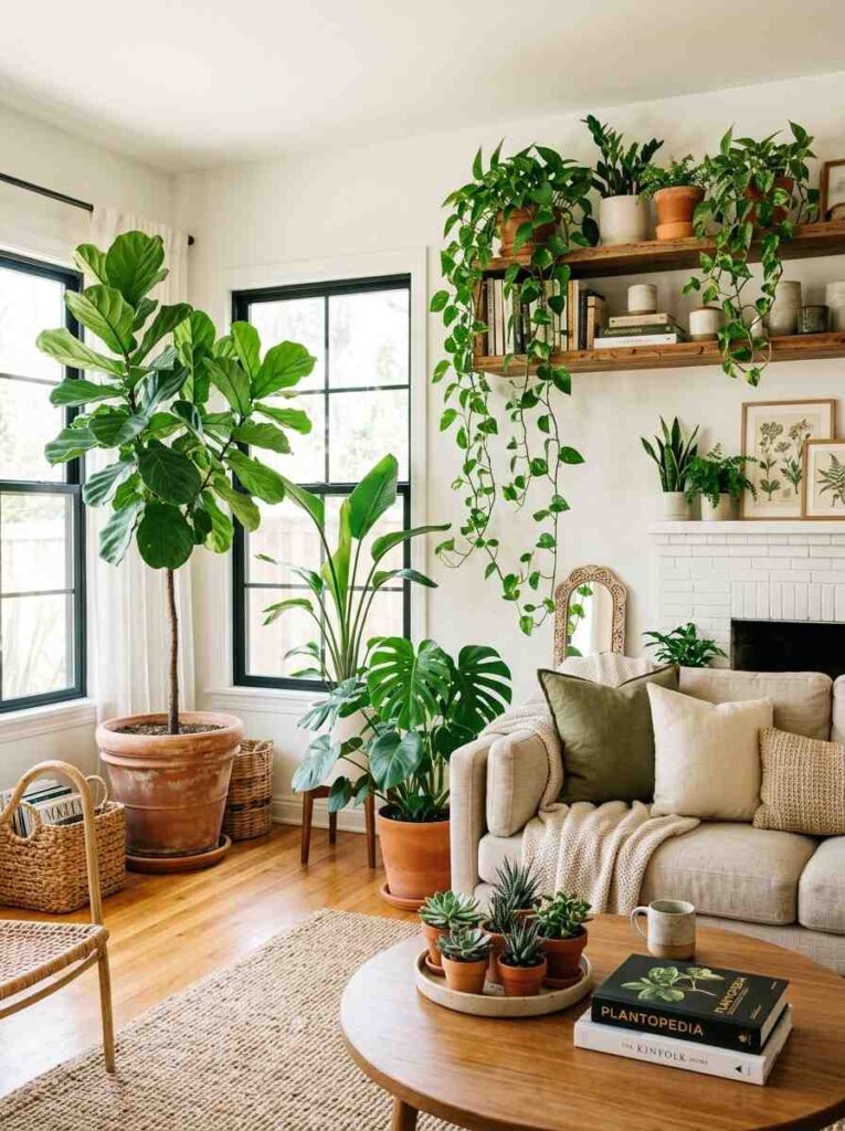 Green houseplant mix with fiddle leaf fig pothos and succulents in bright living room