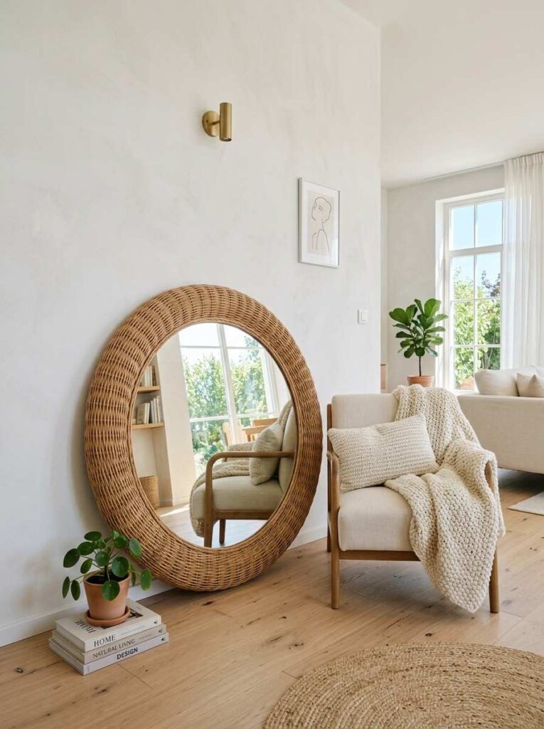 Large rattan framed mirror leaning against a white wall in a bright living room