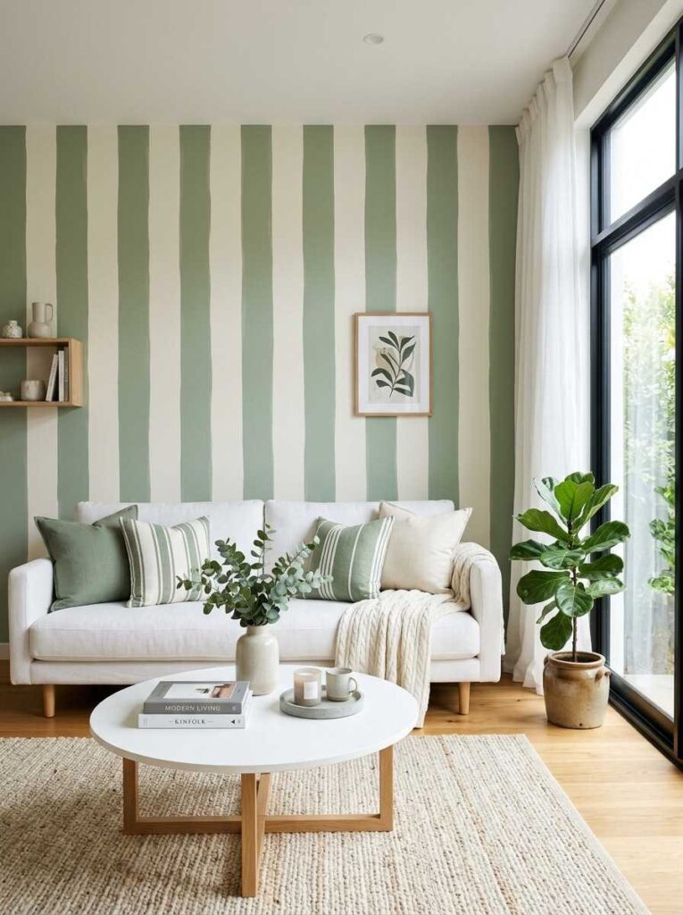 Sage green and cream vertical stripe painted wall behind a white sofa in a modern living room