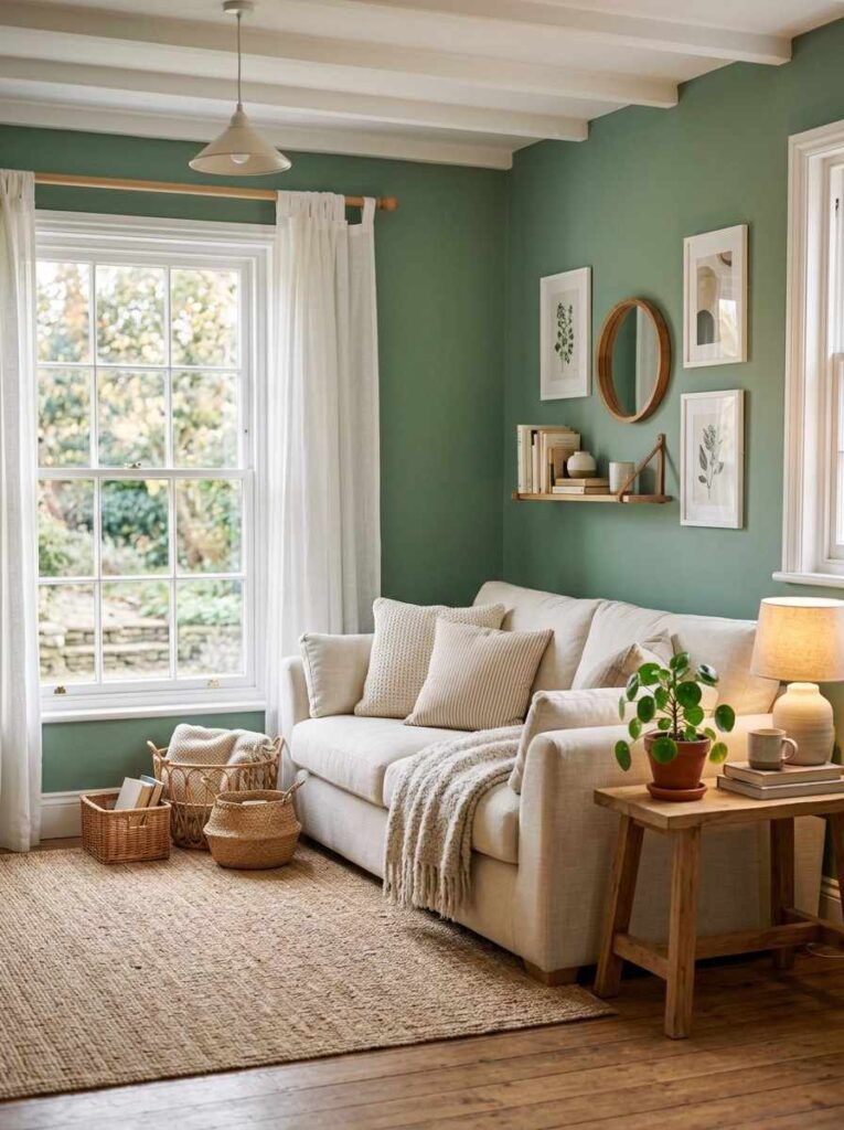 Sage green living room walls with cream sofa and natural wood accents