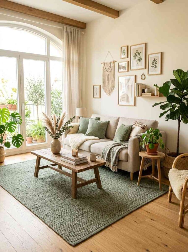 Sage green area rug anchoring neutral sofa and wooden coffee table in boho living room