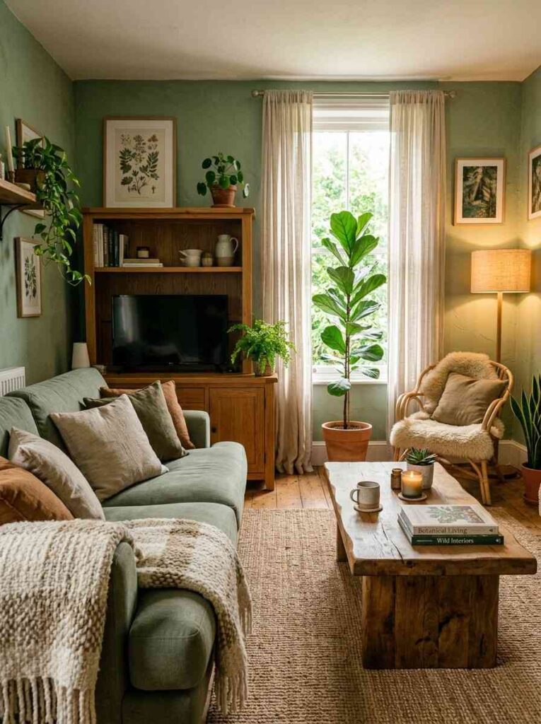 Sage green walls with natural oak wood furniture linen cushions and indoor plants in organic living room