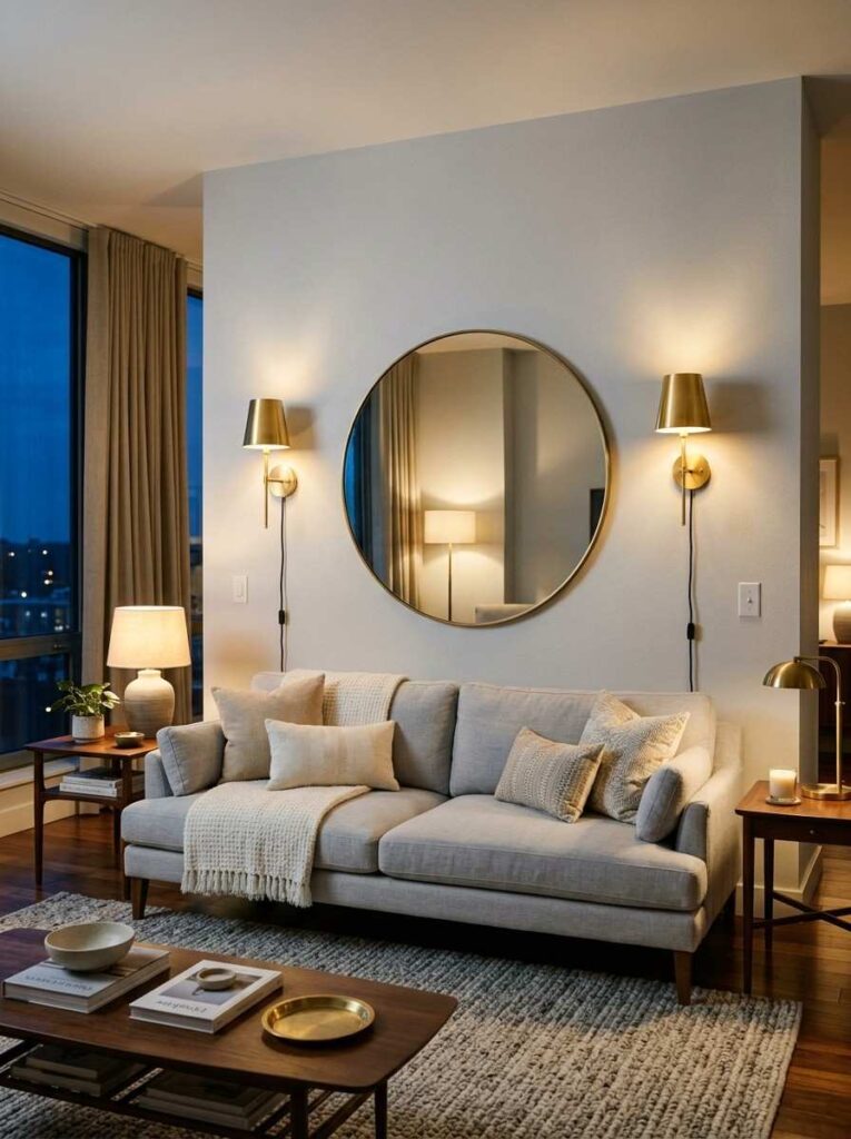 Two brass wall sconces mounted symmetrically on either side of a sofa in an elegant living room