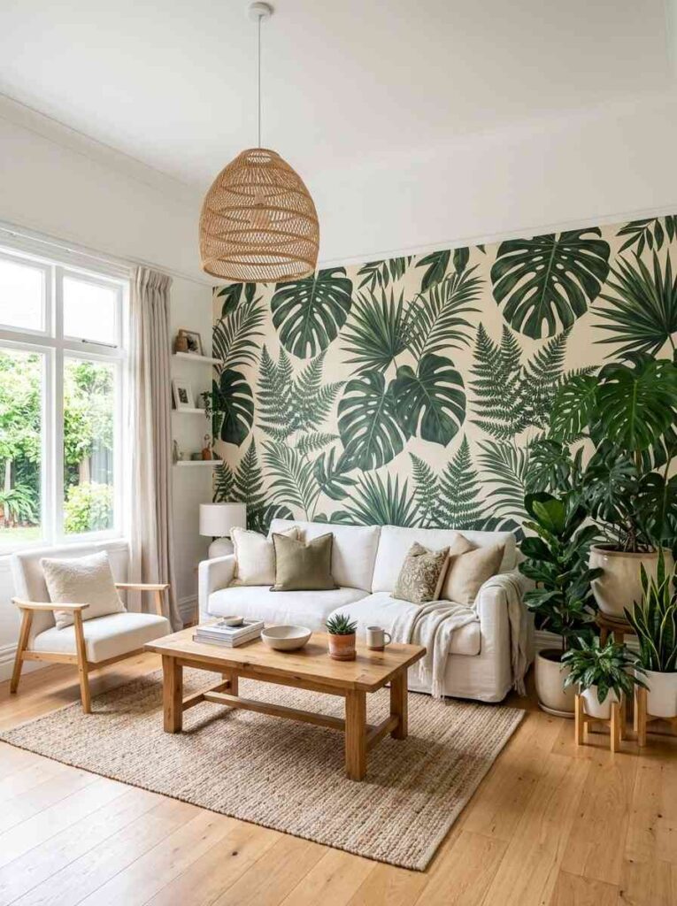 Green botanical wallpaper living room with tropical leaf print and natural wood furniture