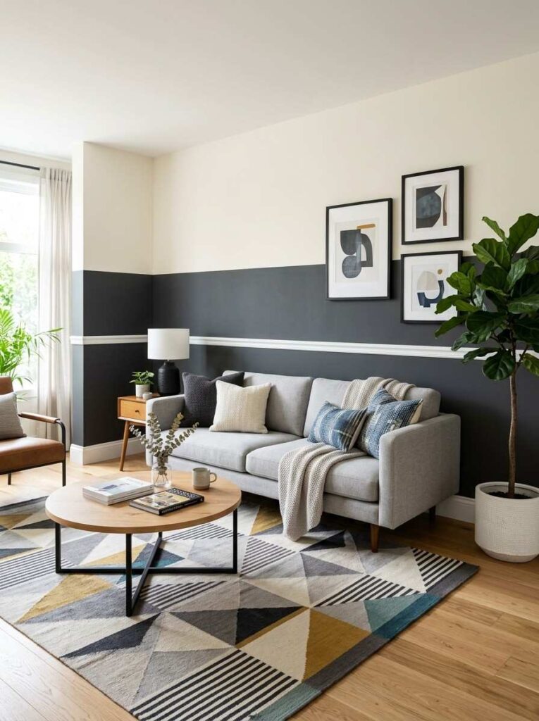 Two-tone painted accent wall with charcoal bottom and cream top in a modern living room with gray sofa