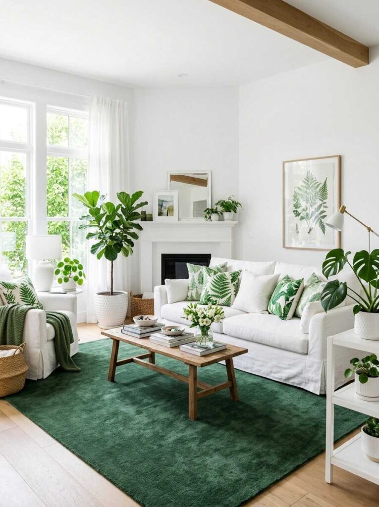 Green and white living room with botanical cushions, hunter green rug and potted plants