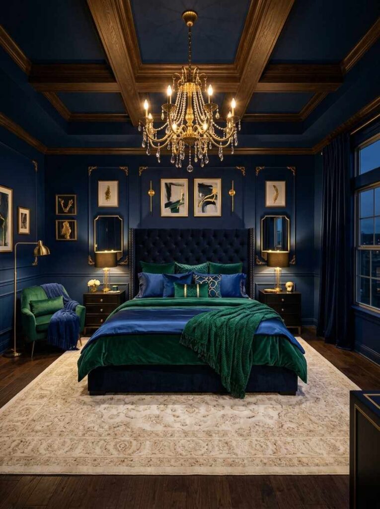 Moody midnight blue luxury bedroom with gold chandelier jewel toned bedding and warm lighting for a five star hotel feel