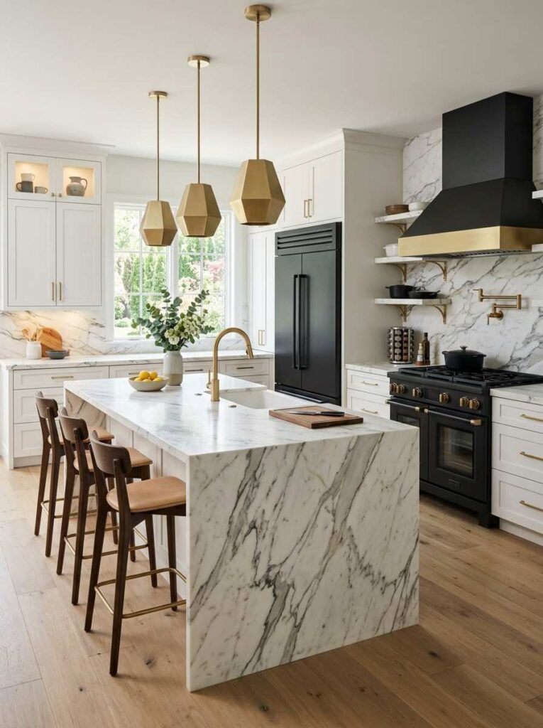 Kitchen with black appliances and white marble countertops gold fixtures and luxury interior design creating an expensive high end look