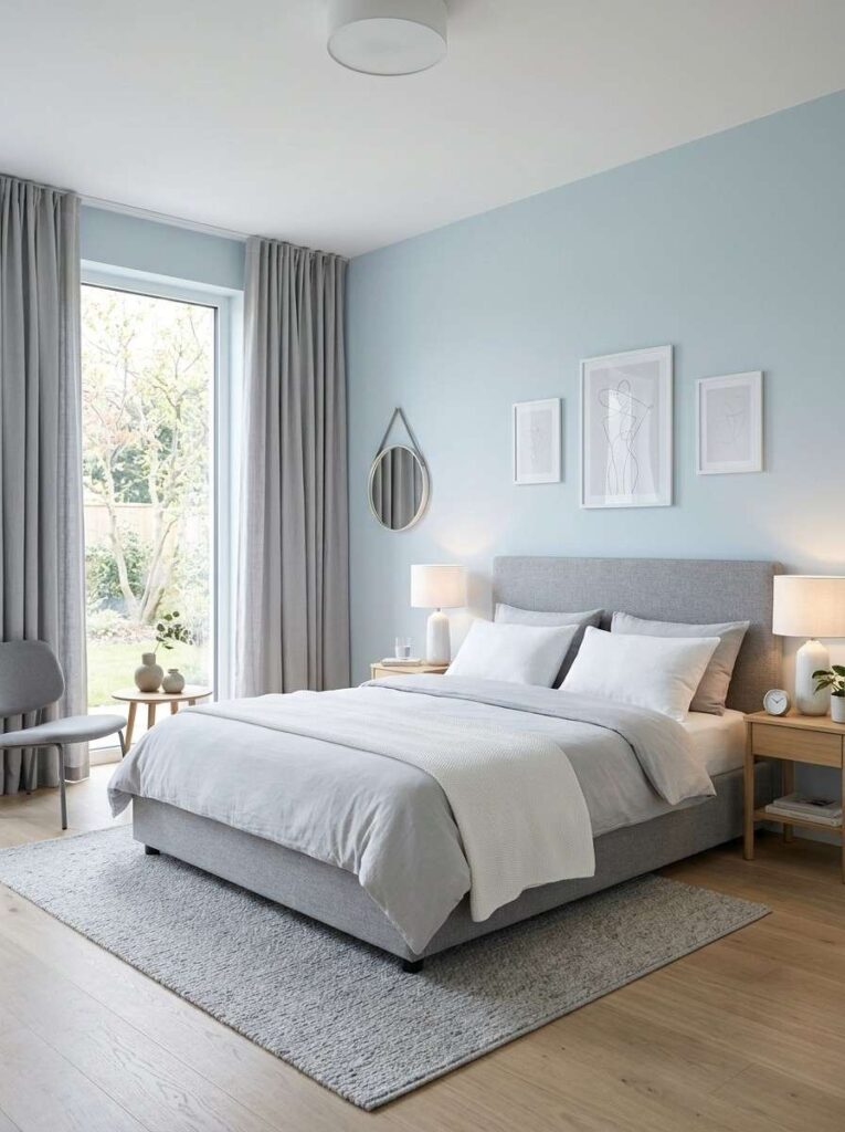 Pale blue and grey minimalist bedroom with upholstered bed floor to ceiling curtains and clean white accents for a calm modern look