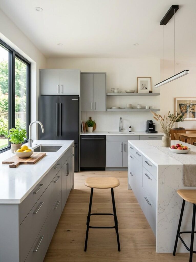 Gray kitchen cabinets with black appliances and chrome hardware in a clean modern Scandinavian inspired kitchen design