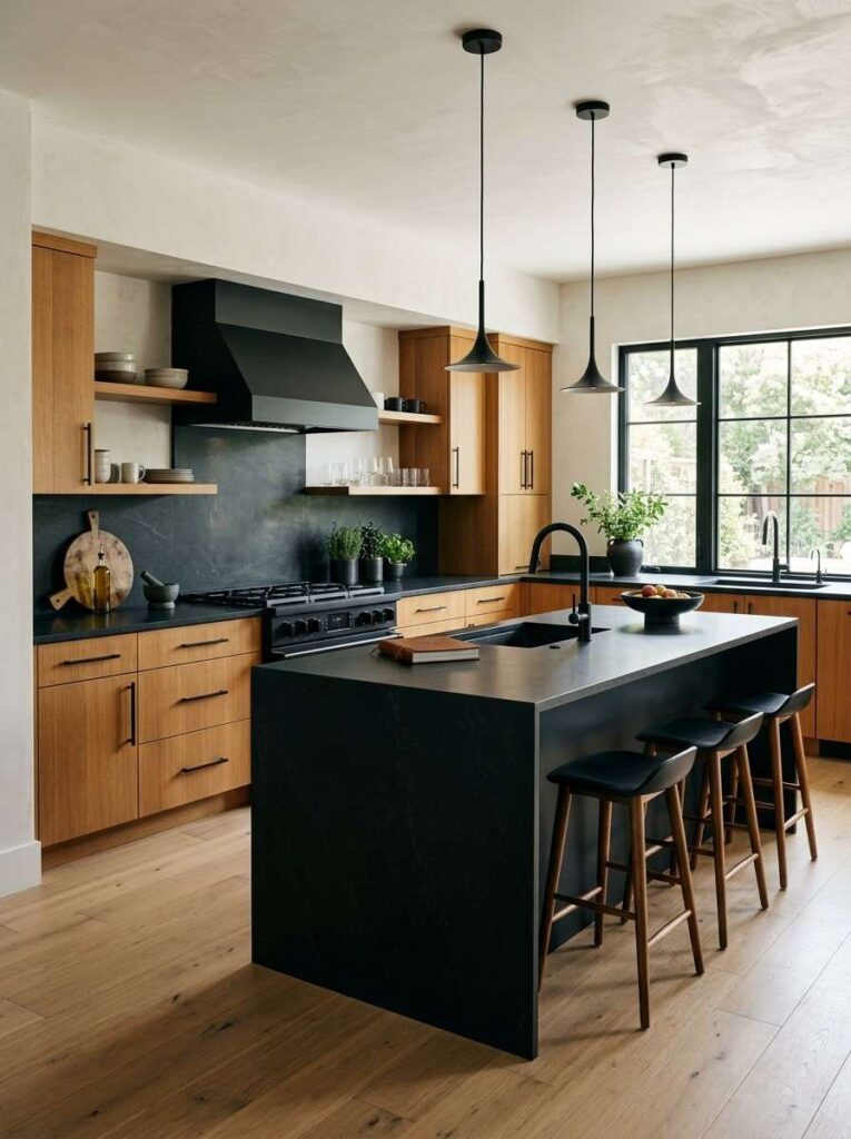 Wood cabinets with black kitchen island and matte black hardware in bold kitchen