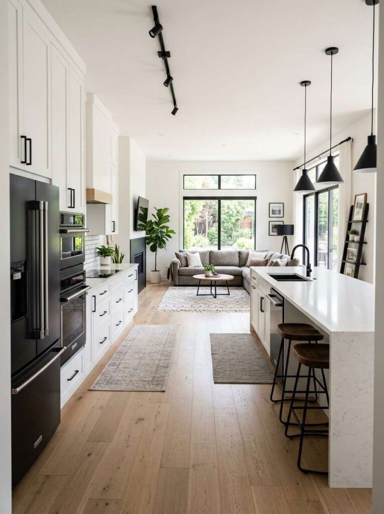 Open concept kitchen with black appliances flowing into living space with black accent details creating a cohesive and modern home design