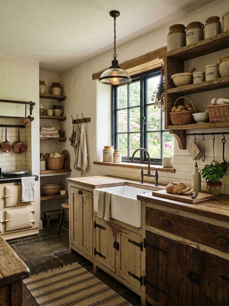 Rustic farmhouse kitchen with distressed wood cabinets and farmhouse sink