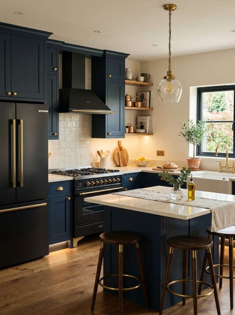 Navy blue kitchen cabinets with black appliances brass hardware and cream countertops creating a sophisticated boutique hotel inspired kitchen