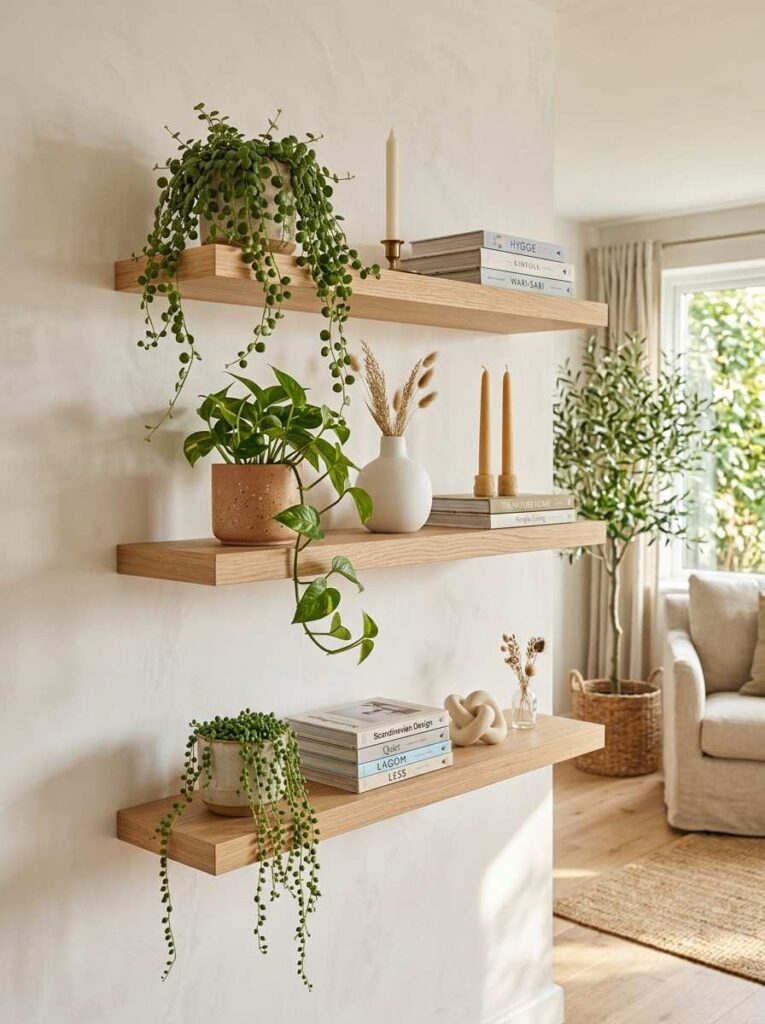 Oak floating shelves styled with plants and books on a white living room wall