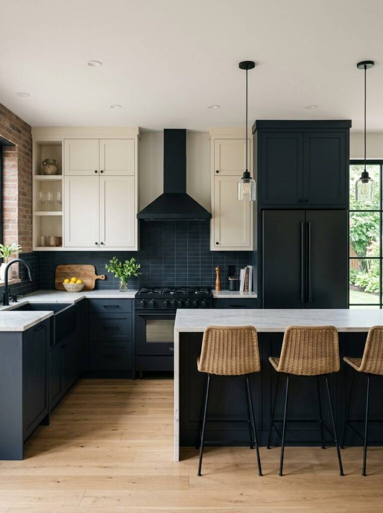 Two tone kitchen with white upper cabinets charcoal lower cabinets and black appliances creating a visually dynamic and balanced kitchen design