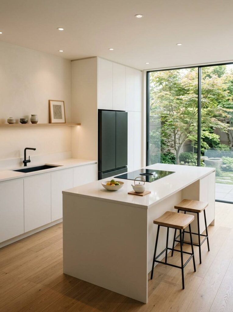 Minimalist kitchen with black appliances handle free white cabinets and clutter free countertops creating a calm sophisticated and modern space