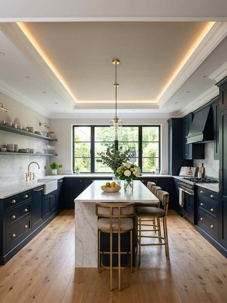 Polished kitchen with tray ceiling LED rope lighting and navy cabinetry