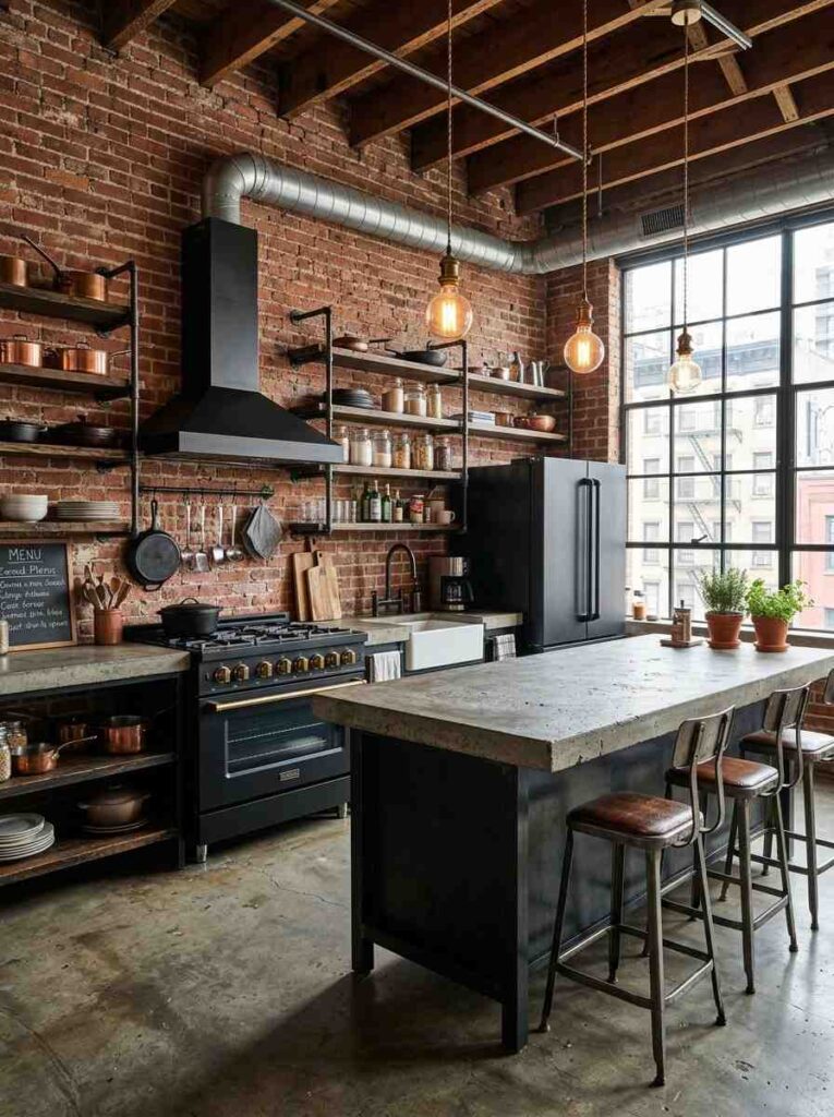 Industrial kitchen with black appliances exposed brick concrete countertops and Edison pendant lights creating a bold urban aesthetic