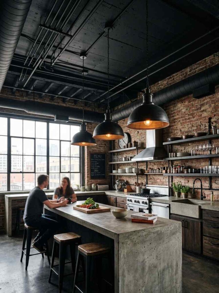 Industrial kitchen with matte black exposed ceiling pipes and concrete countertops