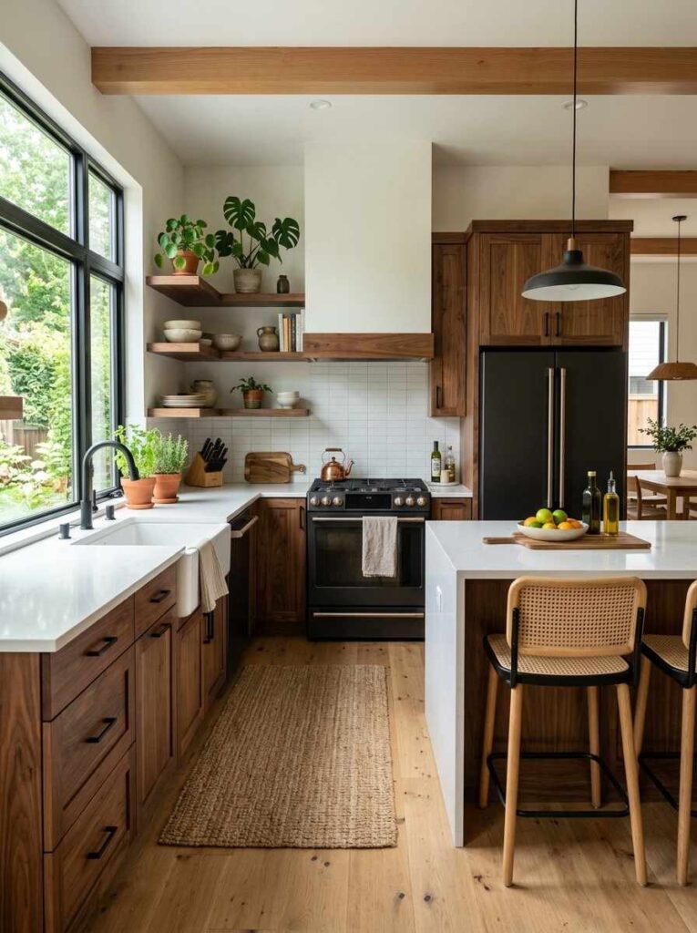 Wood cabinet kitchen with black appliances white countertops and natural textures creating a warm modern and inviting space