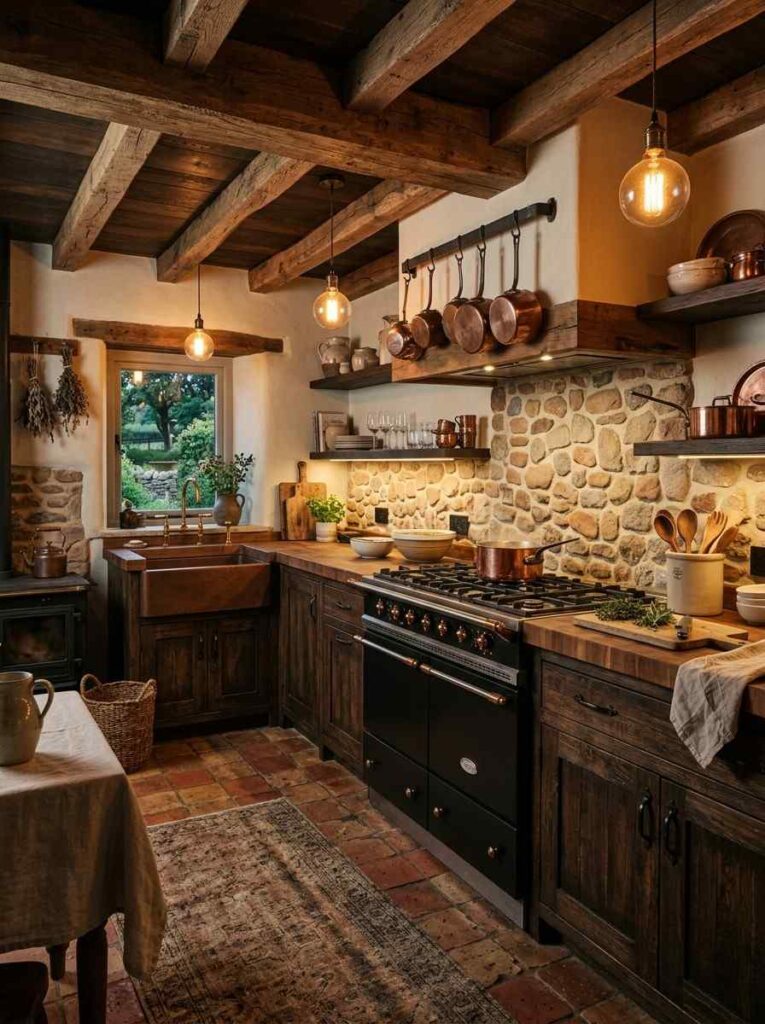 Rustic kitchen with black appliances reclaimed wood beams stone backsplash and terracotta tiles creating a cozy old world farmhouse feel