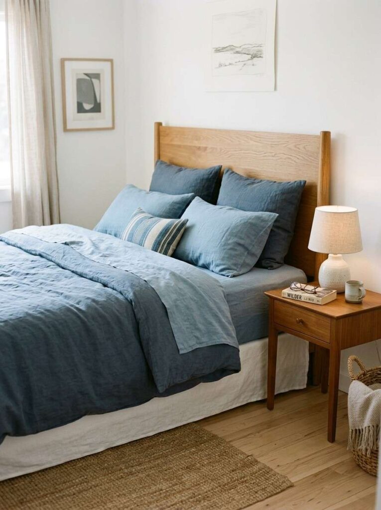 Blue linen bedding in dusty and slate shades layered on a white bedroom with warm wood headboard for an easy refresh