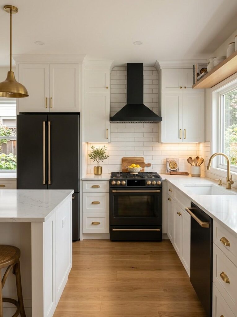 White kitchen cabinets with matte black appliances and gold brass hardware creating a timeless and elegant kitchen design