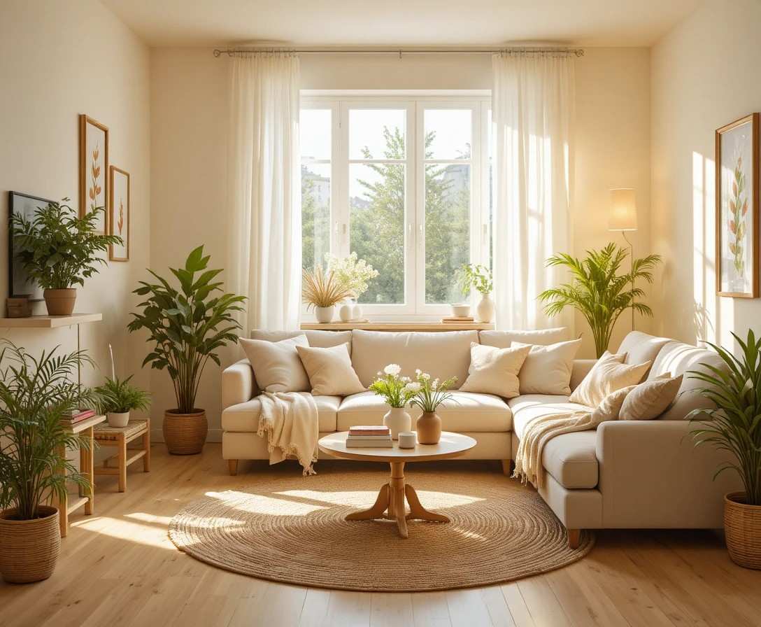 Cozy apartment living room with warm lighting and neutral decor