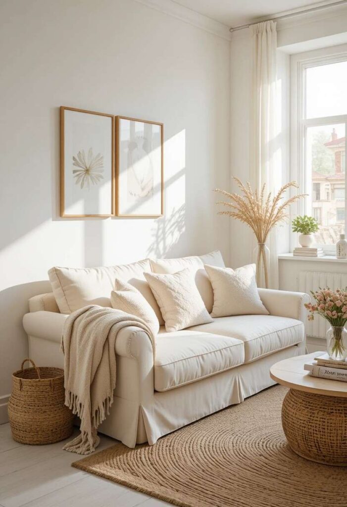 Small apartment living room with neutral cream and white color palette