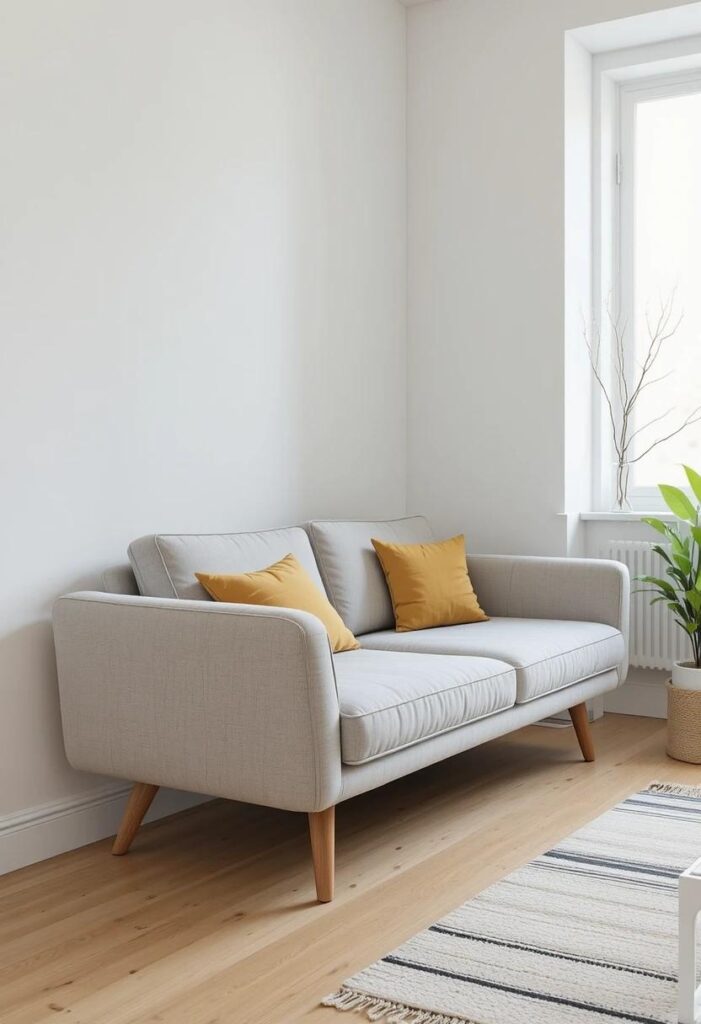 Compact mid century modern sofa with raised legs in a small apartment living room