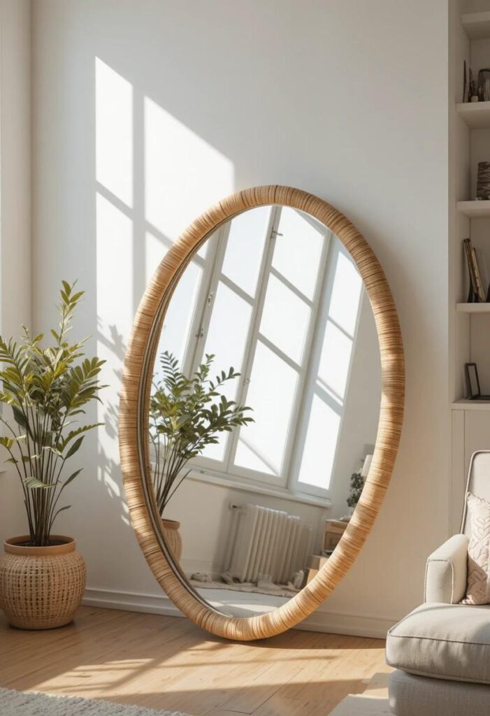 Large rattan frame mirror leaning against wall in bright apartment living room