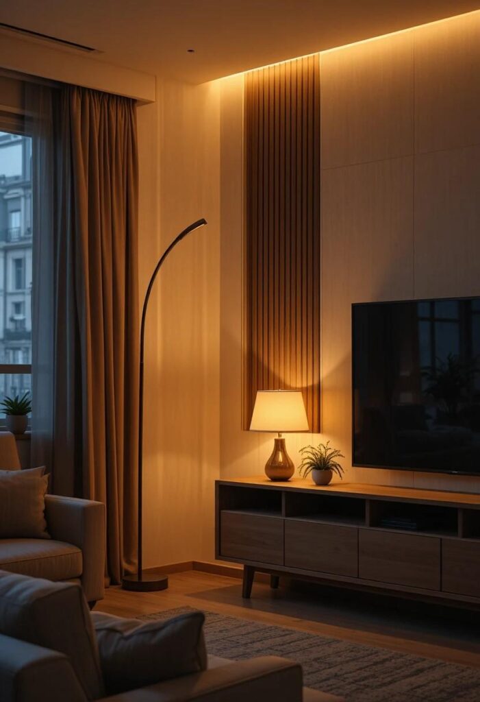 Cozy apartment living room with layered floor lamp and warm LED lighting at night