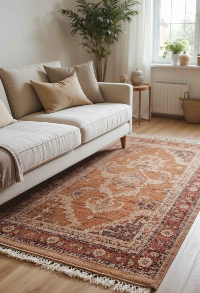 Vintage terracotta patterned rug anchoring sofa seating area in apartment living room
