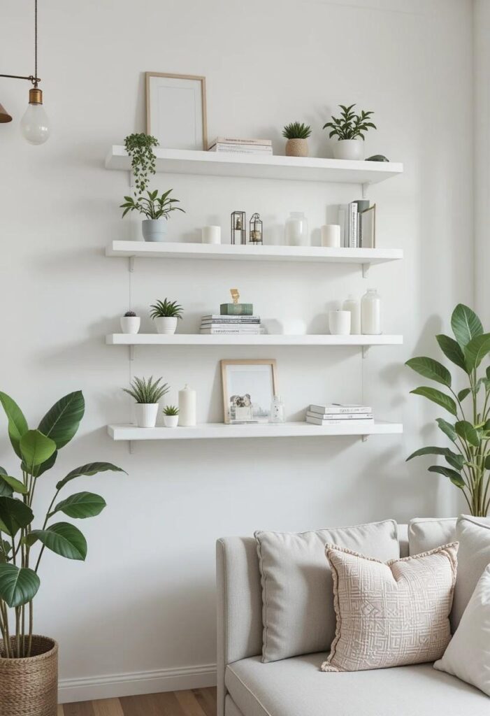 White floating shelves styled with plants and books in small apartment living room
