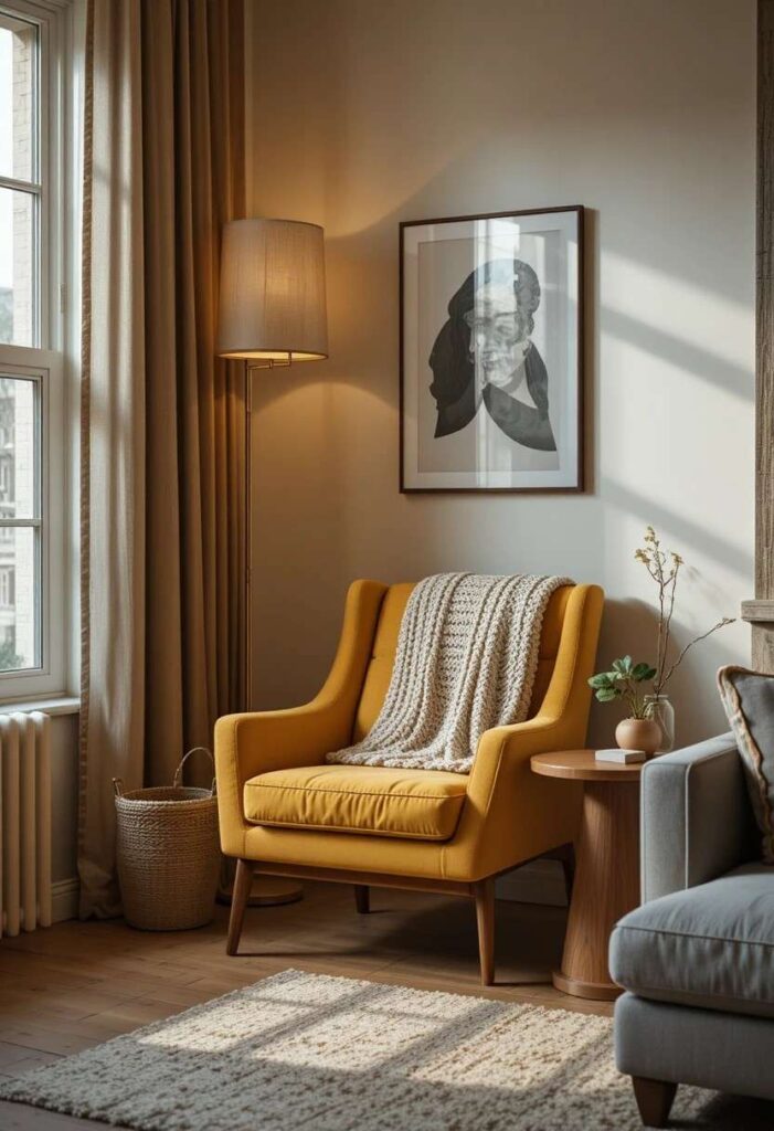 Cozy mustard yellow reading nook with floor lamp in apartment living room corner