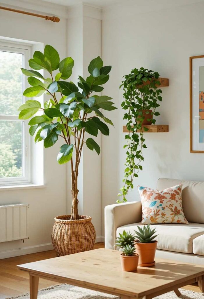 Apartment living room decorated with fiddle leaf fig and indoor plants in terracotta pots