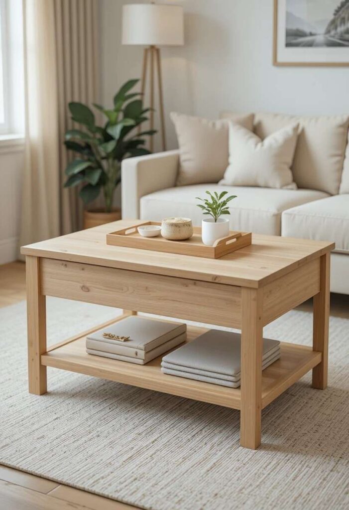 Light wood storage coffee table styled with tray and plant in apartment living room