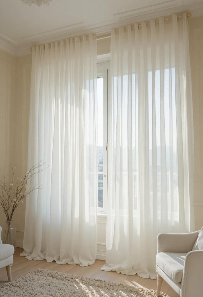 Floor length white linen curtains hung high and wide in bright apartment living room