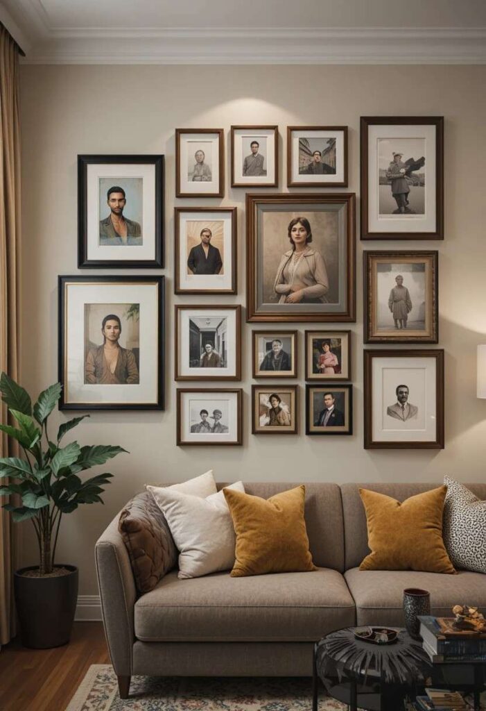 Curated gallery wall with mixed frames and art prints in apartment living room