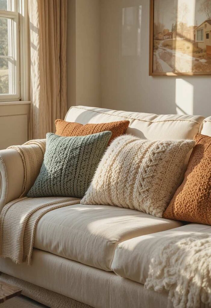 Cozy sofa with layered throw pillows and blanket in apartment living room
